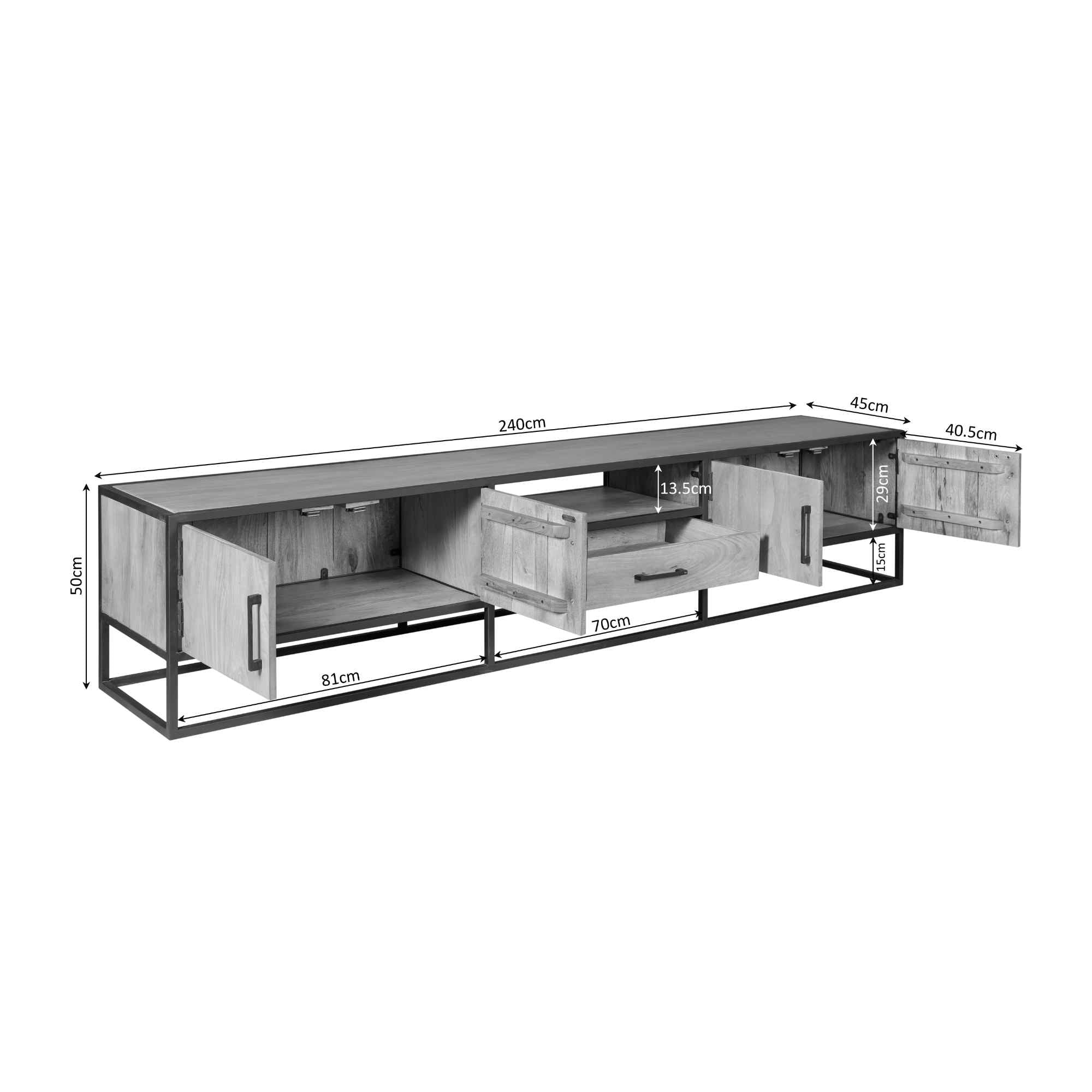 Tv meubel Denver | Mangohout en staal | 240 cm