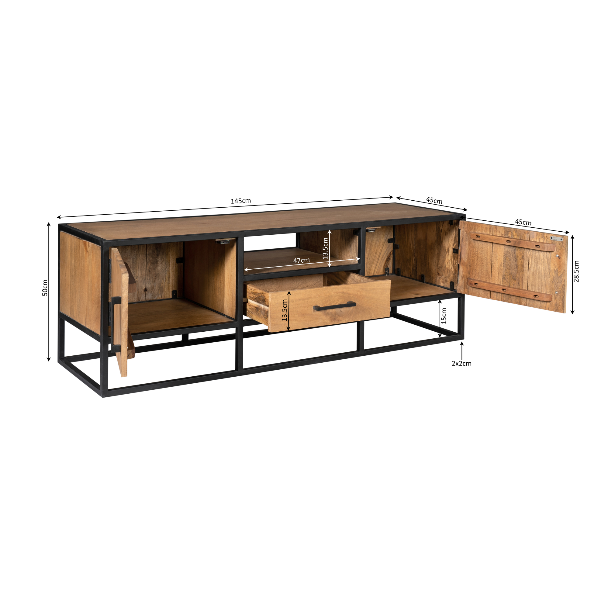 Tv meubel Denver | Mangohout en staal | 145 cm