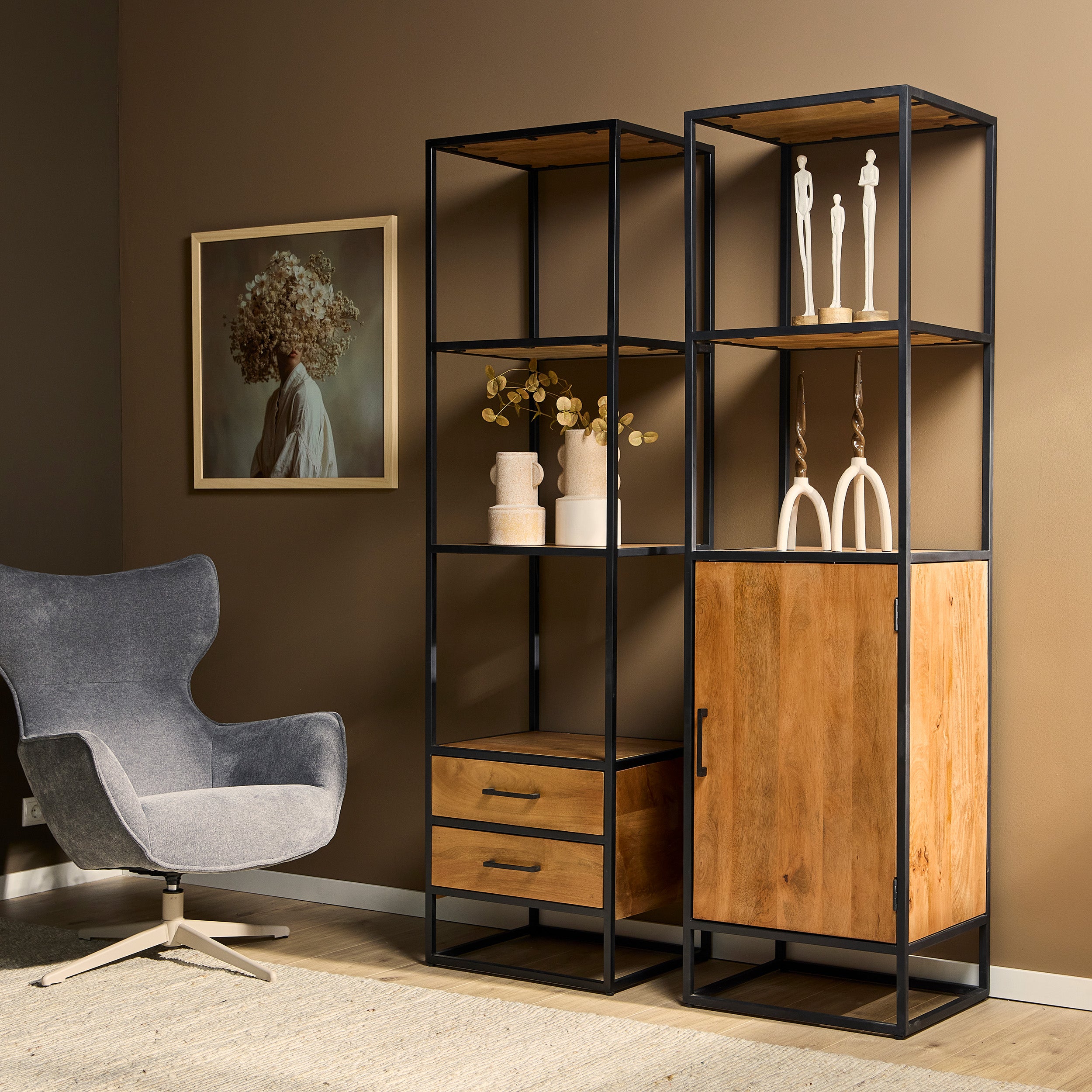 Boekenkast Denver | Mangohout en staal | 2 lades