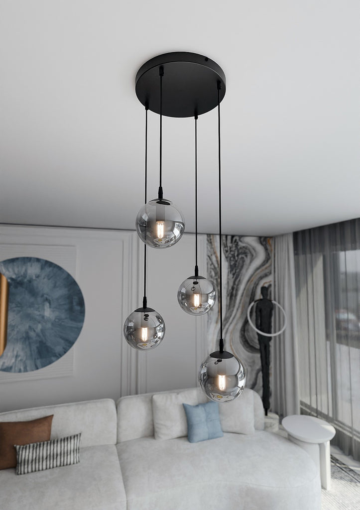 Paris Hanglamp - 4 Bol - Grijs Glas