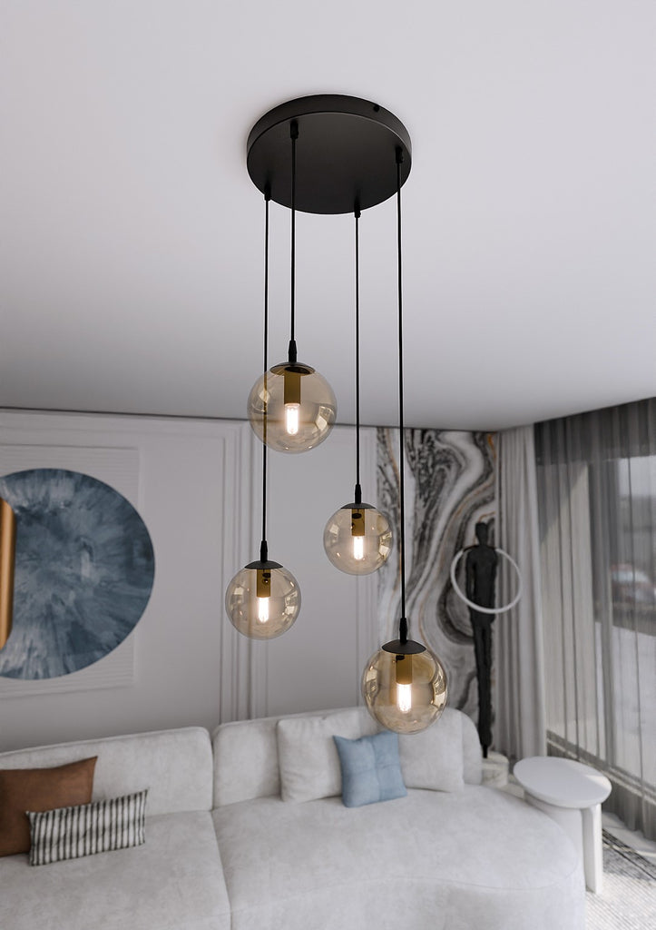 Paris Hanglamp - 4 Bol - Honinggeel Glas