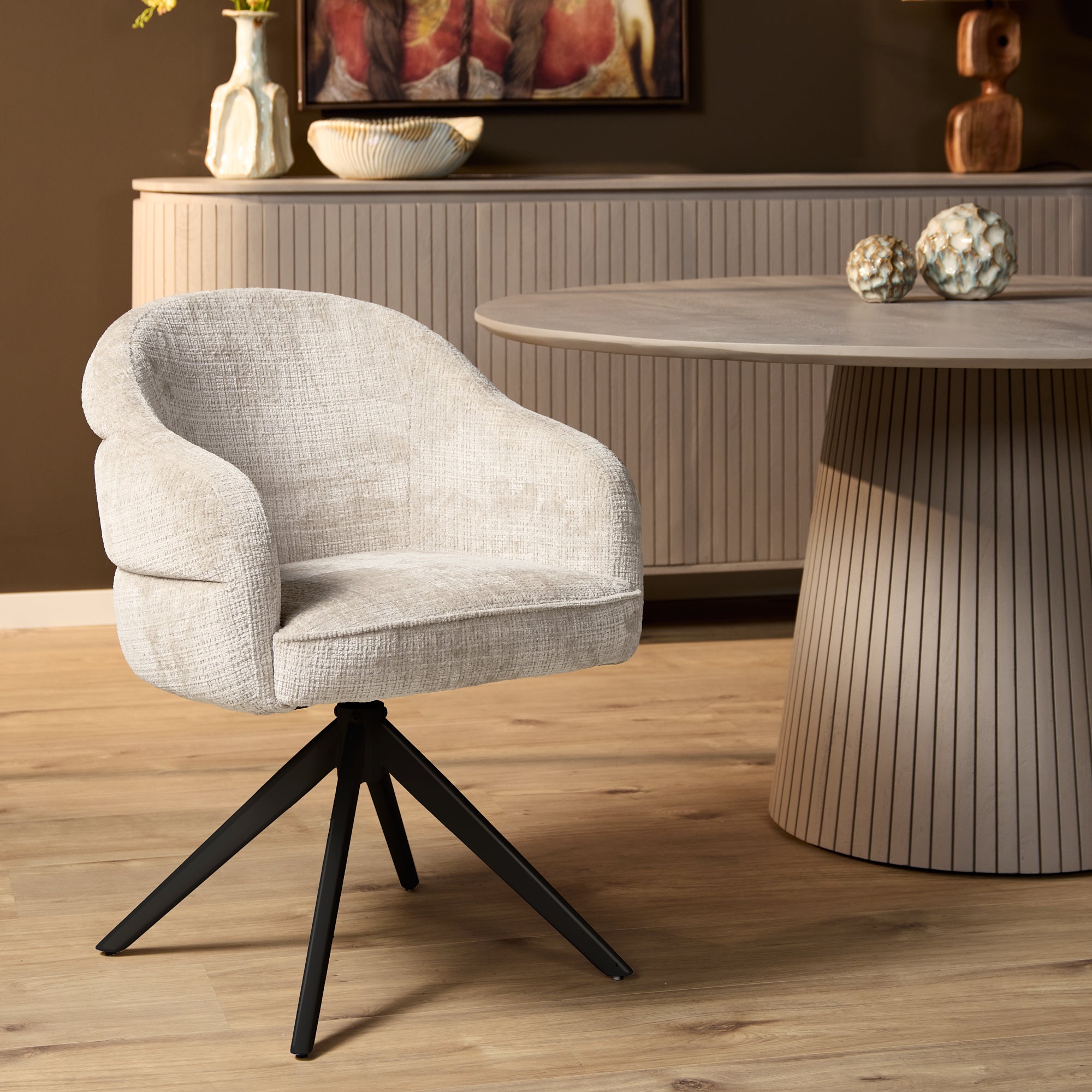 Eetkamerstoel Bella | Off White | Poot Zwart | Met armleuning