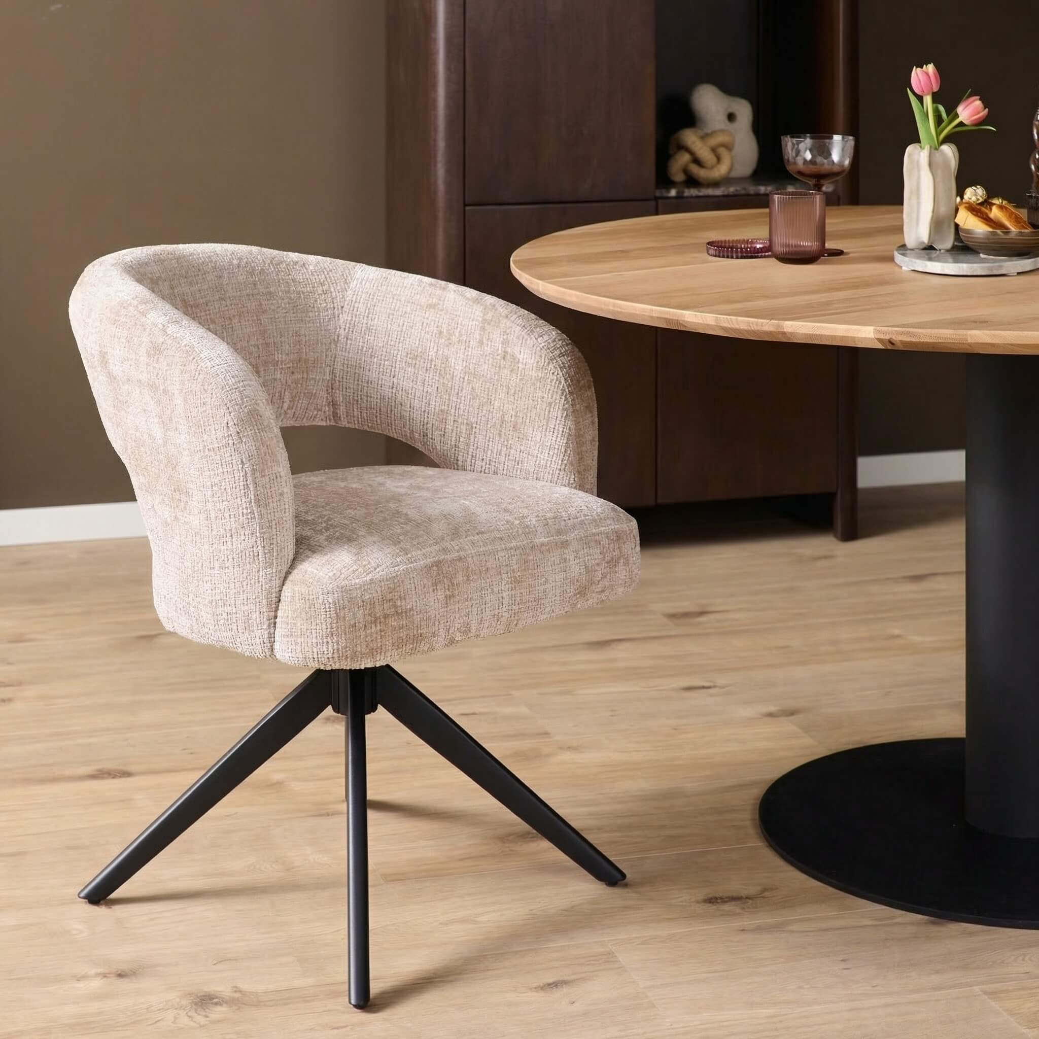 Draaibare eetkamerstoel Demi Beige Poot Zwart